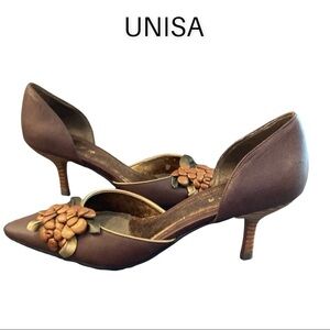 Unisa sz 7 floral applique brown leather pointy toe d’orsay pumps